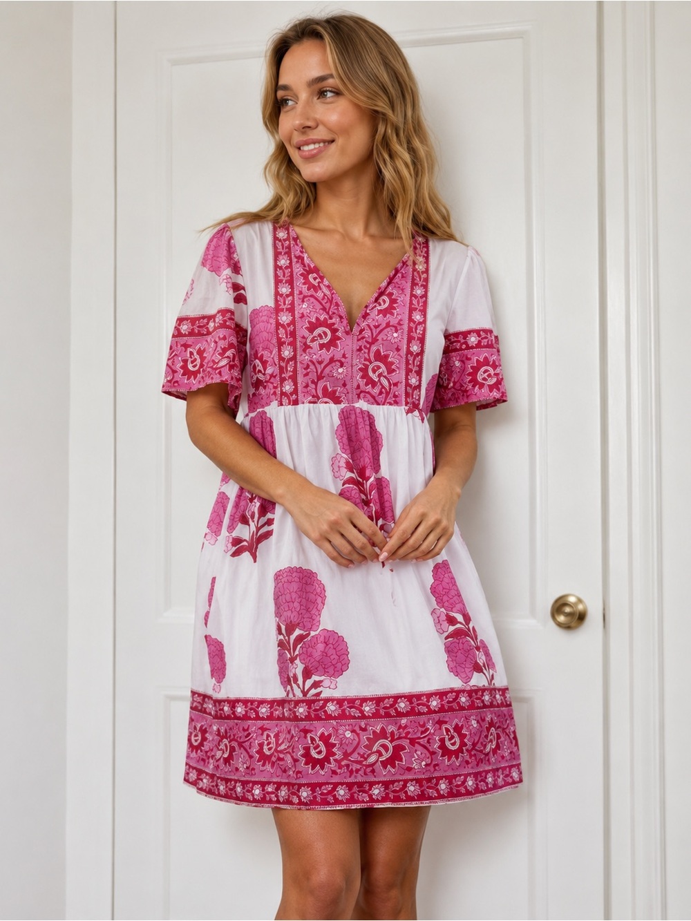 SOHANA Pink White Floral Block Print Mini Dress Small 100% Cotton Boho Summer